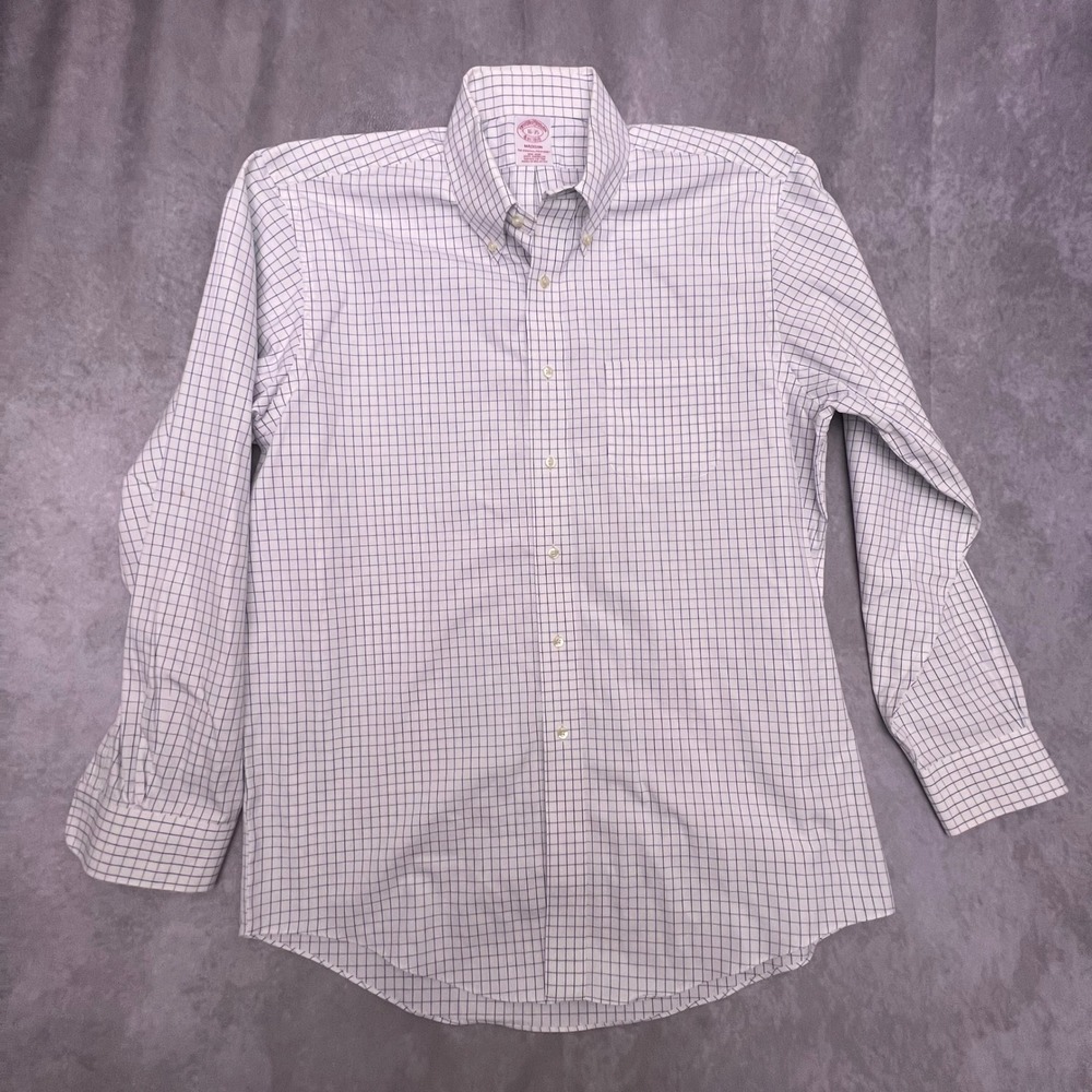 Brooks Brothers Button Down Mens 16-35 White Blue Madison Non-Iron Cotton